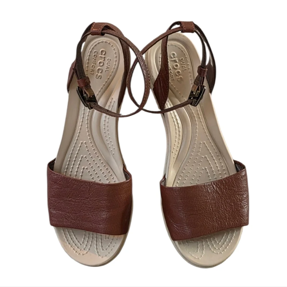 Crocs Leigh Ann Brown Leather Ankle Strap Wedge Sandal Size 6W - Picture 2 of 8